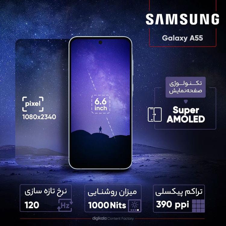 گوشی موبایل سامسونگ مدل Galaxy A55 دو سیم کارت ظرفیت 256 گیگابایت و رم 8 گیگابایت به همراه شارژر 25وات سامسونگ - ویتنام