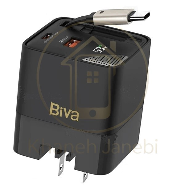 شارژر دیواری بیوا Biva HC-59 GaN Fast Charger توان 65 وات همراه با کابل جمع شونده