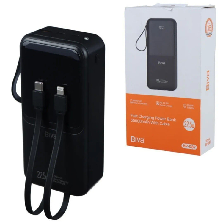 پاوربانک 30000 بیوا Biva BP-087 Power Bank توان 22.5 وات با کابل متصل