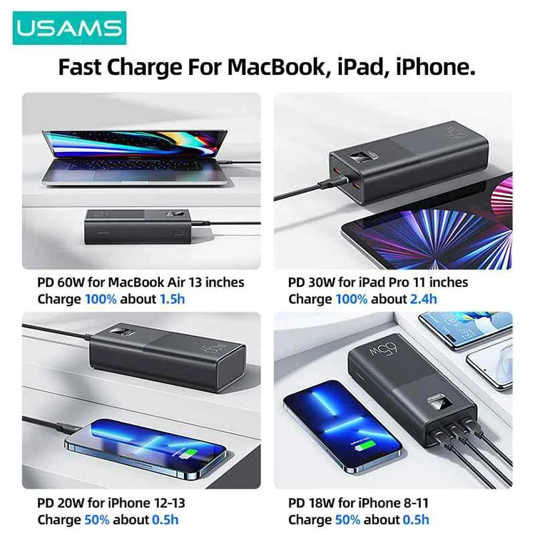 پاوربانک 30000 یوسمز USAMS US-CD185 توان 65 وات همراه با کابل
